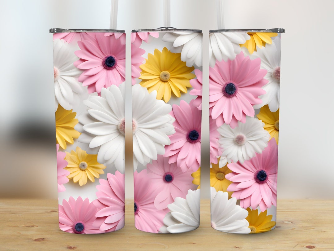 3D White Yellow Pink Daisies Seamless 20 Oz Skinny Tumbler Sublimation ...