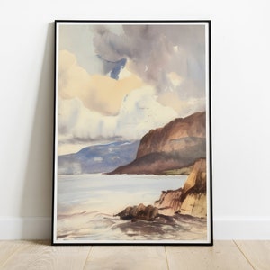 Vintage Scottish Coast Watercolor Downloadable Art, Wall Art, Printable Poster, Vintage Painting, Aesthetic Core, Wall Decor Ocean Landscape