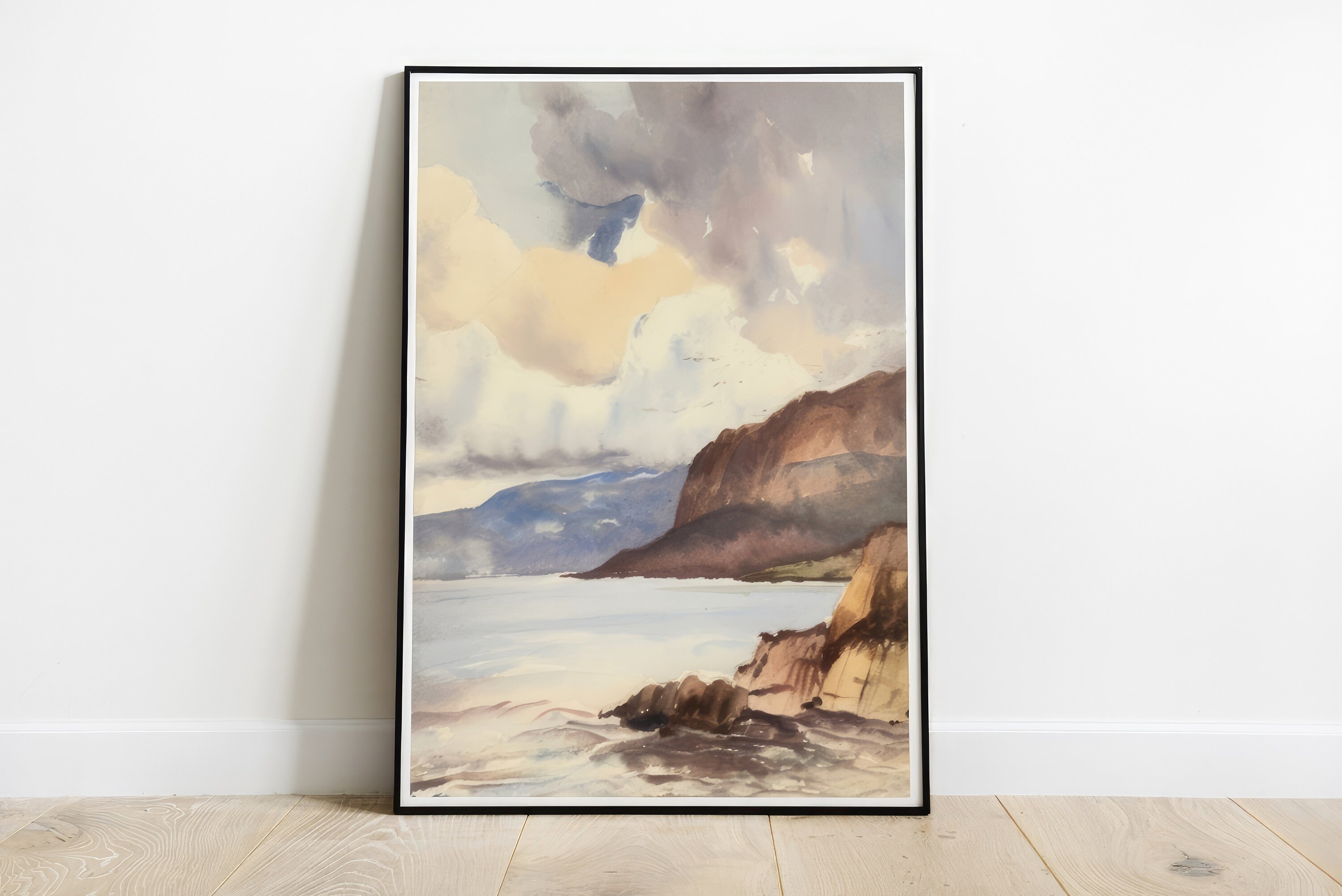 Vintage Scottish Coast Watercolor Art Print: Ocean Landscape (Digital Download)