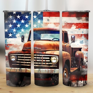 Envoltorio para vaso de 20 oz con diseño de camión oxidado y bandera estadounidense (descarga digital PNG)