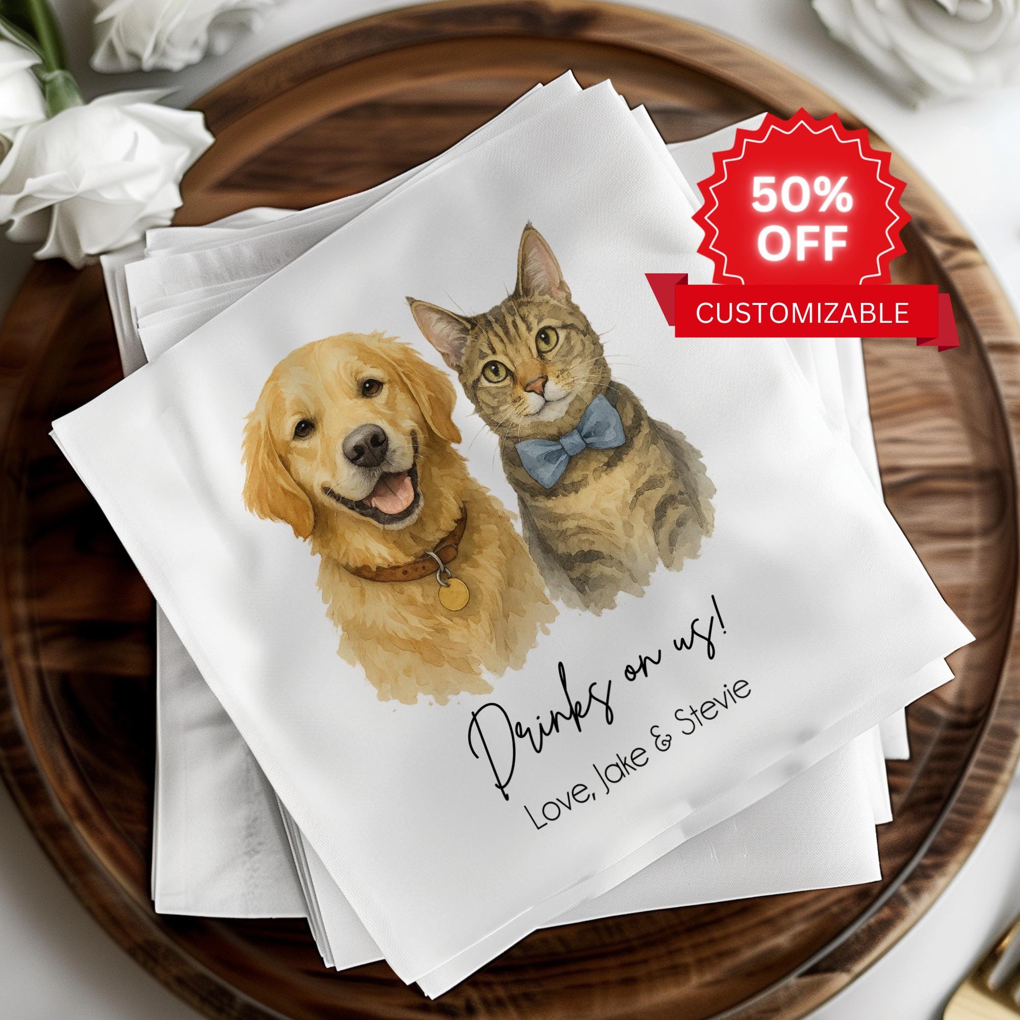 Custom Pet Napkins, Personalized Dog Cat Napkins, Wedding Napkins, Custom Pet Cocktail Napkins, Engagement Napkins, Cocktail & Luncheon Size