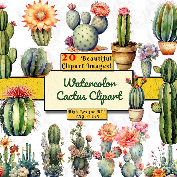 Watercolor Cactus Clipart | Digital Download | Succulent Clip Art | Commercial Use | Mexican Cactus Transparent Clip Art PNG | Desert Cacti