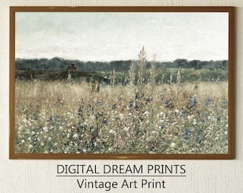 Wildflower Field Painting: Vintage Farmhouse Landscape Art (Digital Download)