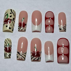 Animal print with cherries and rhinestones Handpainred reusable press on nails