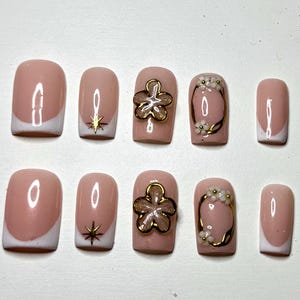 White and Gold hand painted French tip Press on Nails, With 3D flower, Luxurious casual press on nails