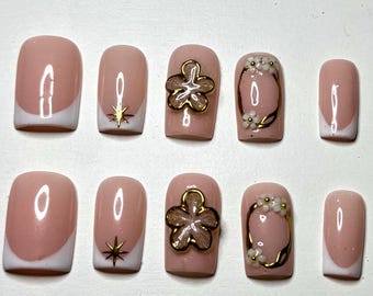 White and Gold hand painted French tip Press on Nails, With 3D flower, Luxurious casual press on nails