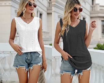 Women's Sleeveless Top V Neck Vest Top Hollow-carved Design Shirt Women's Tank Tops Ladies Casual Loose Shirt  Sleeveless Blouse