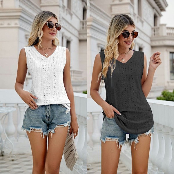 Women's Sleeveless Top V Neck Vest Top Hollow-carved Design Shirt Women's Tank Tops Ladies Casual Loose Shirt  Sleeveless Blouse