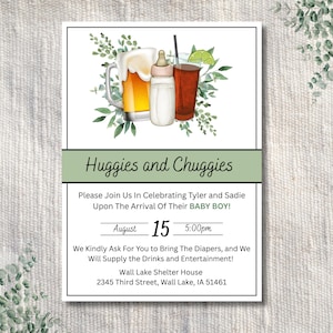 Huggies and Chuggies, Diaper Keg Invite, Greenery Baby Shower Invitation, Simple Baby Shower, Diaper Party, Digital Download, Canva Template