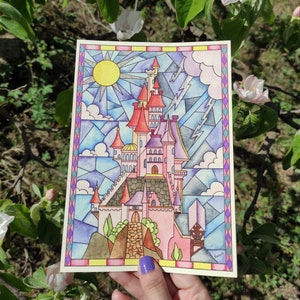 Stampa dell'acquerello del castello, Stampa in vetro colorato, Stampa dell'acquerello di Beauty and the Beast, Regalo per lei, Stampa acquerello metallica, Disney ispira