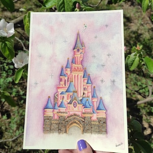 Pintura del castillo de Disney, arte de la pared de la guardería, acuarela del castillo de la princesa, decoración de la habitación de los niños, regalo de cumpleaños de la decoración de la pared, arte del castillo de cuento de hadas