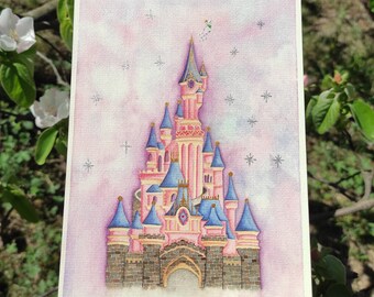 Lámina de acuarela de Magic Kingdom, arte del castillo de la princesa, detalles dorados