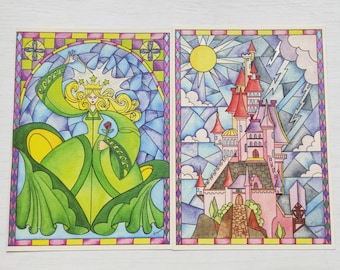 Set von 2 Aquarelldrucken, Die Schöne und das Biest Aquarell, Buntglas Aquarelldruck, Kinderzimmer Wandkunst, Kinderzimmer, Geschichte so alt wie die Zeit