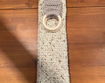 Farmhouse Kitchen Towel Holder With Towel, Crochet Hand Towel and Ring, Oven Towel Hanger, Rustic Farmhouse Decor