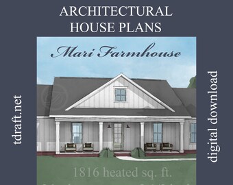 Könnte beinhalten: Ein digitaler Download von Architekturplänen für ein Mari Farmhouse. Die Pläne umfassen ein 1.816 Quadratmeter großes Haus mit 3 Schlafzimmern und 2,5 Bädern. Das Bild zeigt eine Aquarellillustration des Farmhauses.