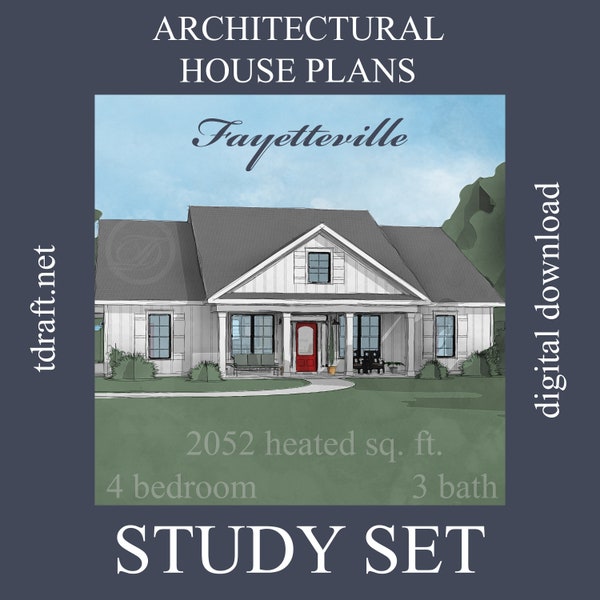 Bauernhaus-Hausplan, Fayetteville-Design, 2052 beheiztsqm, 4 Schlafzimmer, 3 Bäder, Carport, 1-stöckig, kundenspezifische Anfertigung, Entwurfspläne