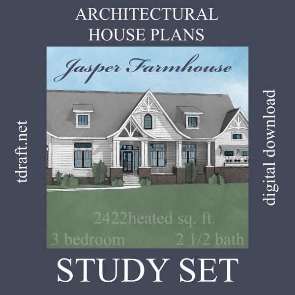 Farmhouse house plan, Jasper design, 2422 heated sq. ft., 3 Bedroom, 2 1/2 Bath, 1 story with 2 car GA, custom designing, blueprints plans