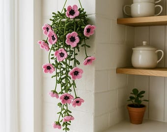 Amigurumi Flowering Vine Wall Decor, Crochet Hanging Pink Blooms, Handmade Yarn Plant for Indoor Greenery