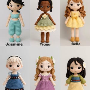 May include: Six handmade crochet dolls, each representing a princess. The dolls include Jasmine in teal, Tiana in green and yellow, Belle in yellow, Elsa in blue, Rapunzel in purple, and Mulan in yellow and green. Each doll has a unique hairstyle and outfit.