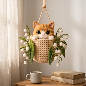 May include: A crocheted cat planter in a beige basket, suspended by a beige rope. The cat has orange and white fur, with large black eyes. The basket is filled with white lily of the valley flowers and green leaves. A mug and books sit on a wooden table.