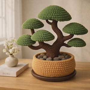 May include: A handcrafted crochet bonsai tree with a brown trunk and green leaves. The tree sits in a yellow crocheted pot filled with gray stones, on a brown saucer. The bonsai is a decorative item.