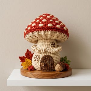 May include: A crocheted mushroom house with a red cap featuring white spots, a beige stem, a brown door with a button handle, and two small windows. The base is decorated with crocheted autumn leaves in red and yellow, and a small brown acorn.