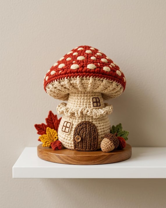 Crochet Mushroom House Decor, Handmade Fairy Cottage, Woodland Mushroom Home, Fall Cottagecore Decor Gift