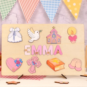 SALE Baby doop thema houten puzzel aangepaste naam puzzel houten babyshower cadeau voor kinderen 1e verjaardag cadeaus doop geschenken kerst