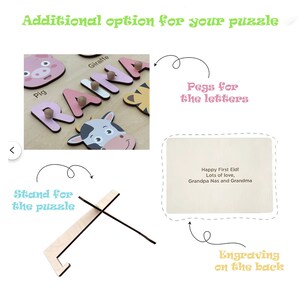 May include: A wooden personalized puzzle with the name "RANA" spelled out in pink, blue, and yellow letters. Each letter has a different animal illustration. The puzzle comes with a stand, pegs for the letters, and an option for engraving on the back. The engraving says "Happy First Eid! Lots of love, Grandpa Nas and Grandma".