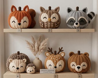 Crochet Woodland Pumpkin Plush, Forest Animal Autumn Decoration, Squirrel, Owl, Deer, Bear