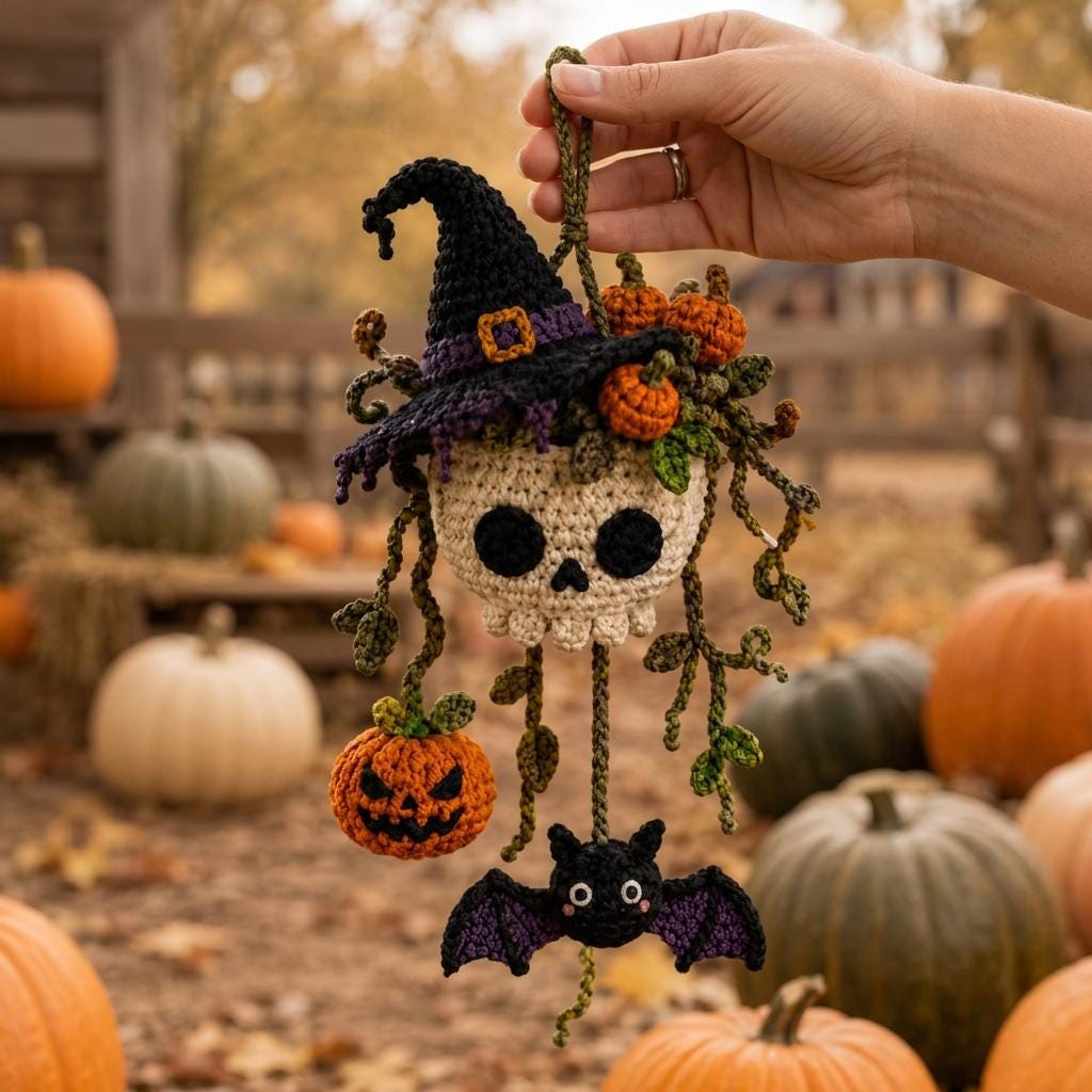 Handmade Crochet Skull Car Ornament, Witch Hat, Pumpkin, Bat Halloween Decor