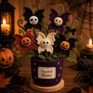 May include: A crochet arrangement featuring five butterfly-shaped flowers with skull and jack-o'-lantern centers in black, purple, orange, and cream. The flowers sit in a purple crocheted pot with a label that reads Haunted Blooms.