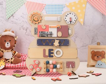 Personalized Bear Baby Busy Board, Custom Name Puzzle, Montessori Toy