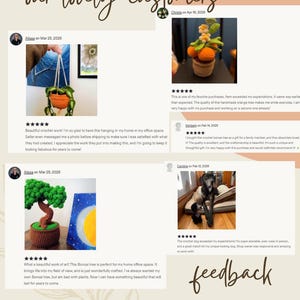 May include: A collage of customer reviews for BabiesSweetDream featuring photos of crocheted items including a hanging plant, an orange tree, a bonsai tree, and a dog. The text includes our lovely customers, feedback, and various five-star reviews.