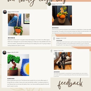 May include: A webpage featuring customer feedback for crochet items. The page includes images of crochet bonsai trees, hanging plants, and an orange tree. Text includes customer reviews and the shop's name, BabiesSweetDream.