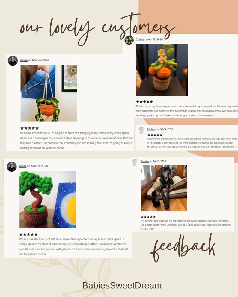 May include: A webpage featuring customer feedback for crochet items. The page includes images of crochet bonsai trees, hanging plants, and an orange tree. Text includes customer reviews and the shop's name, BabiesSweetDream.
