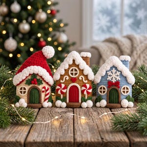 May include: Three crocheted house ornaments featuring winter themes. The left house wears a red Santa hat with a candy cane. The centre house is brown with white frosting and peppermint accents. The right house is blue with a white snowflake.