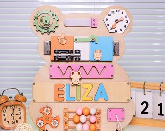 Personalized Bear Busy Board: Montessori Wooden Name Puzzle