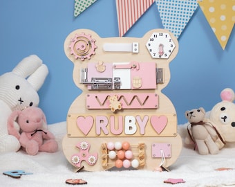 Montessori Bear Busy Board: Custom Name Puzzle, Baby Sensory Toy