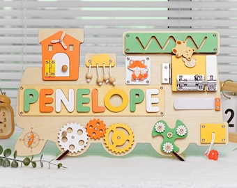Personalized Train Busy Board, Wooden Montessori Toy, Baby Shower Gift