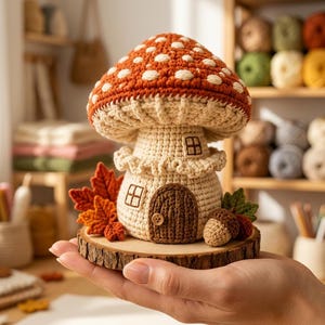 May include: A crocheted mushroom house ornament featuring a rust-colored cap with white spots, a cream-colored stem with a small door and windows, decorated with orange fabric leaves and a brown acorn, all mounted on a circular wood slice base.
