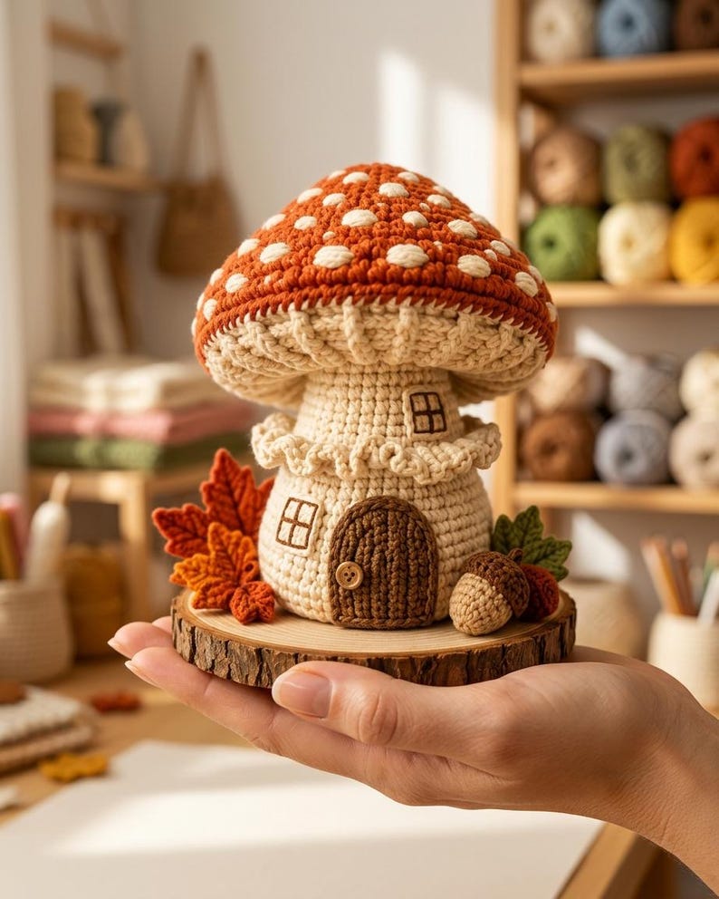 May include: A crocheted mushroom house ornament featuring a rust-colored cap with white spots, a cream-colored stem with a small door and windows, decorated with orange fabric leaves and a brown acorn, all mounted on a circular wood slice base.
