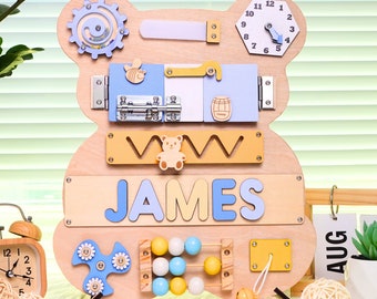Personalized Bear Busy Board: Custom Wooden Name Puzzle, Montessori Toy