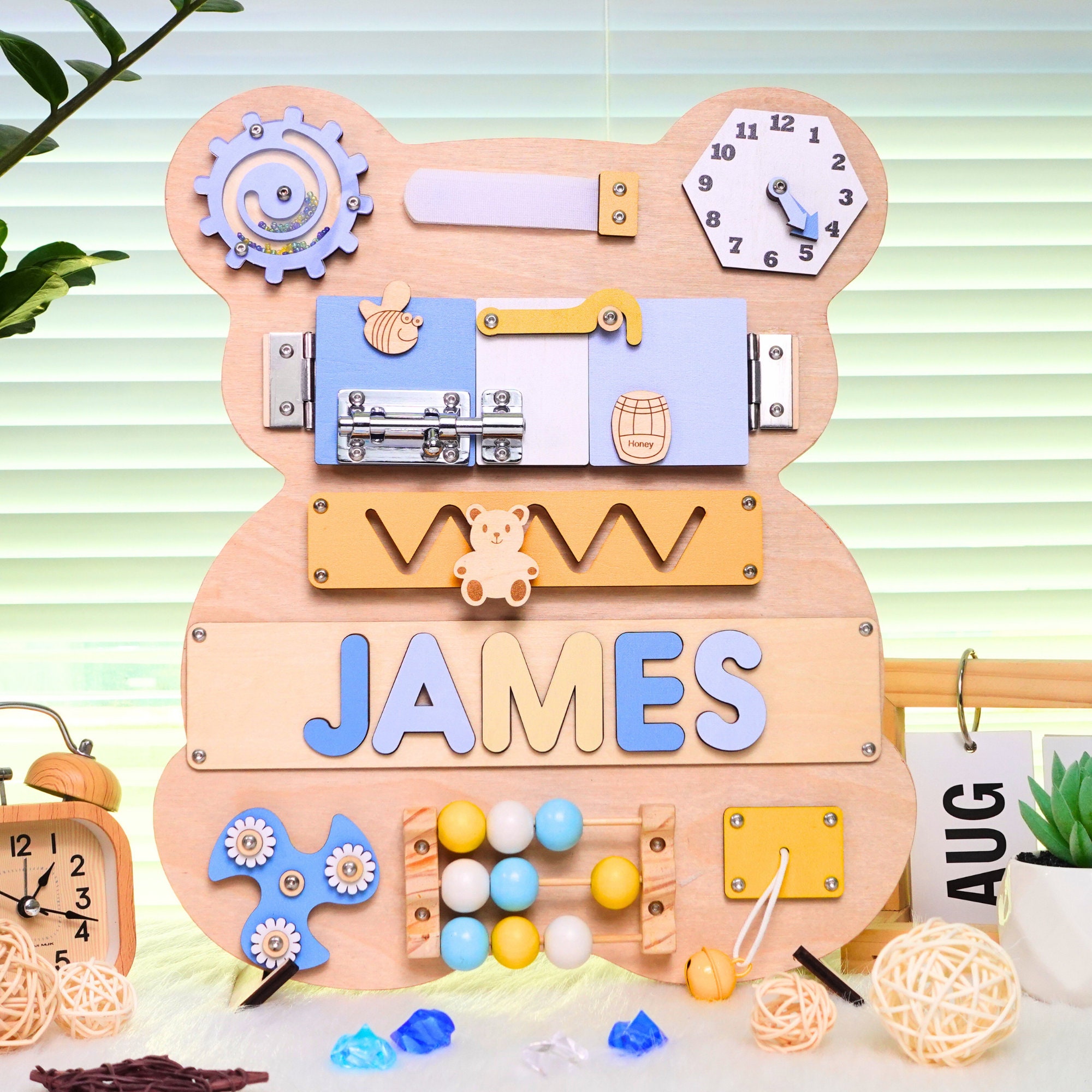 Personalized Bear Busy Board: Custom Wooden Name Puzzle, Montessori Toy