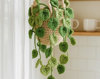 Crochet Hanging Vine Plant, Handmade Amigurumi Leafy Pothos, Macrame Yarn Pot Boho Wall Decor, Zero Maintenance Green Gift
