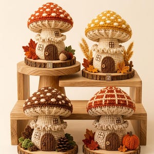 May include: Four crocheted mushroom houses on wooden slices, numbered 1 through 4. Each features a beige stem with a door, a window, and a colorful cap with white spots or grid patterns. They are decorated with small fabric leaves, acorns, and pumpkins.