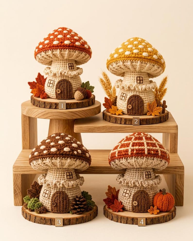 May include: Four crocheted mushroom houses on wooden slices, numbered 1 through 4. Each features a beige stem with a door, a window, and a colorful cap with white spots or grid patterns. They are decorated with small fabric leaves, acorns, and pumpkins.