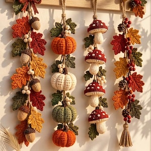 Ghirlanda autunnale all'uncinetto, decorazione fatta a mano con zucche, funghi e ghiande, decorazione autunnale con foglie da appendere, accogliente decorazione per la casa per il Giorno del Ringraziamento