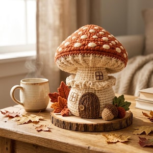 May include: A crocheted mushroom house with a rust-colored cap featuring white spots, a cream-colored stem with a small door and windows, sitting on a wooden slice base decorated with crocheted autumn leaves and an acorn next to a ceramic mug.