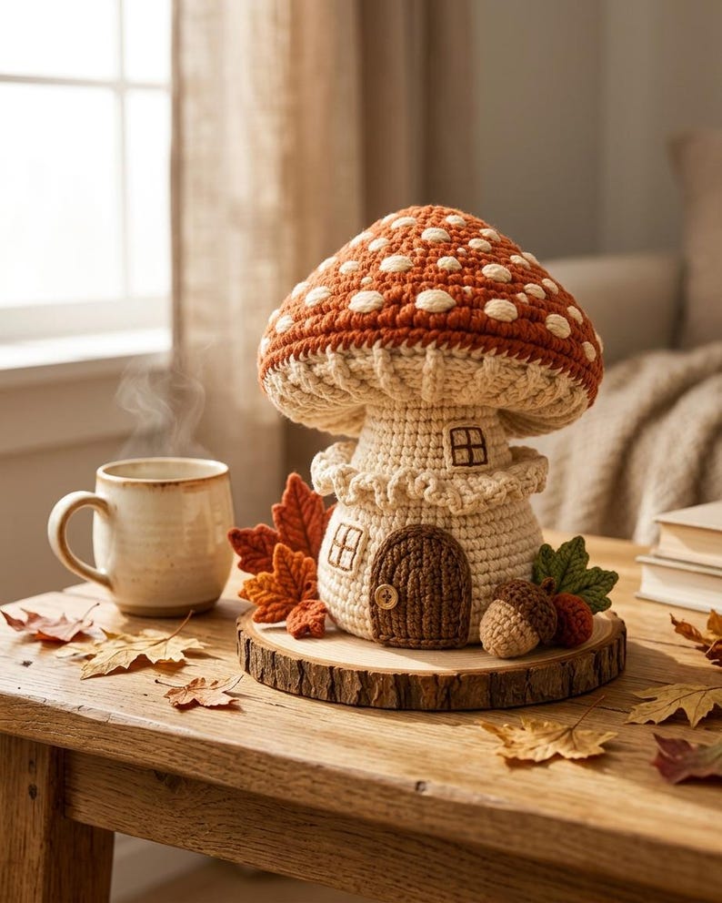 May include: A crocheted mushroom house with a rust-colored cap featuring white spots, a cream-colored stem with a small door and windows, sitting on a wooden slice base decorated with crocheted autumn leaves and an acorn next to a ceramic mug.